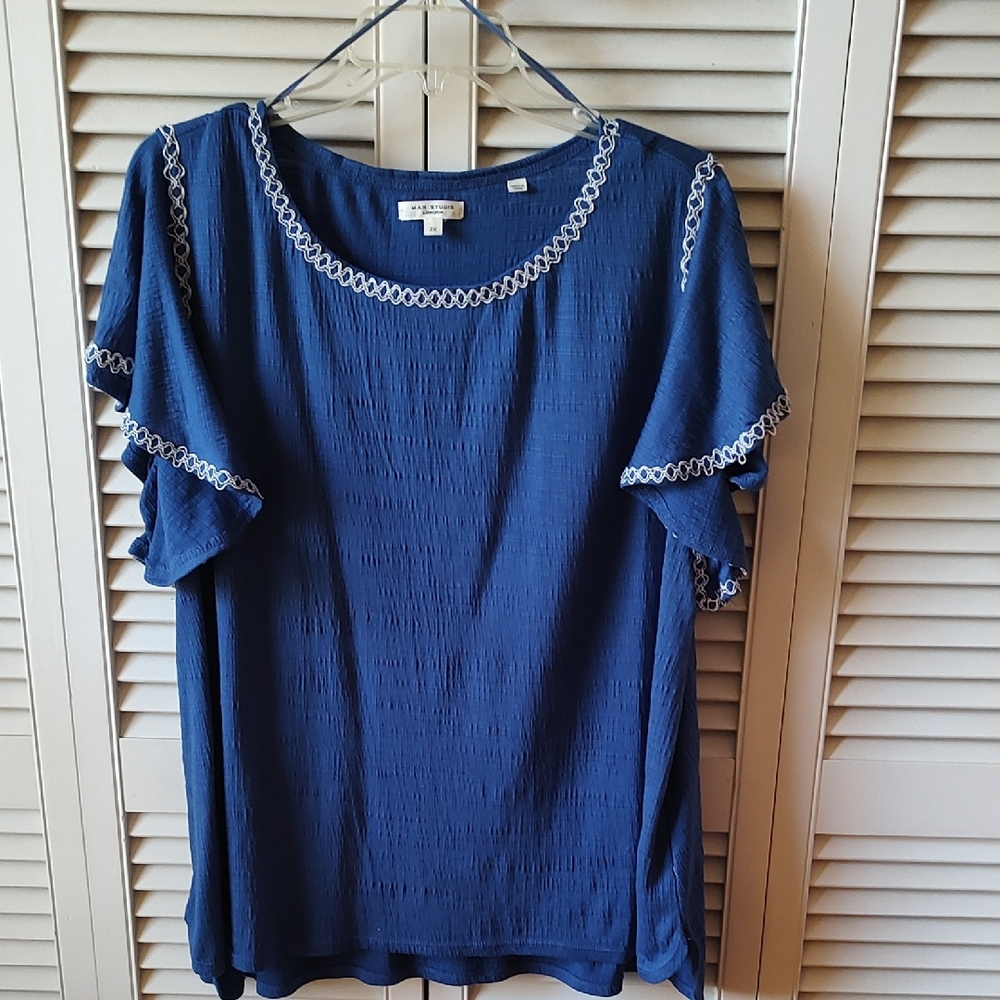 Max Studio Blue Blouse with White Trim